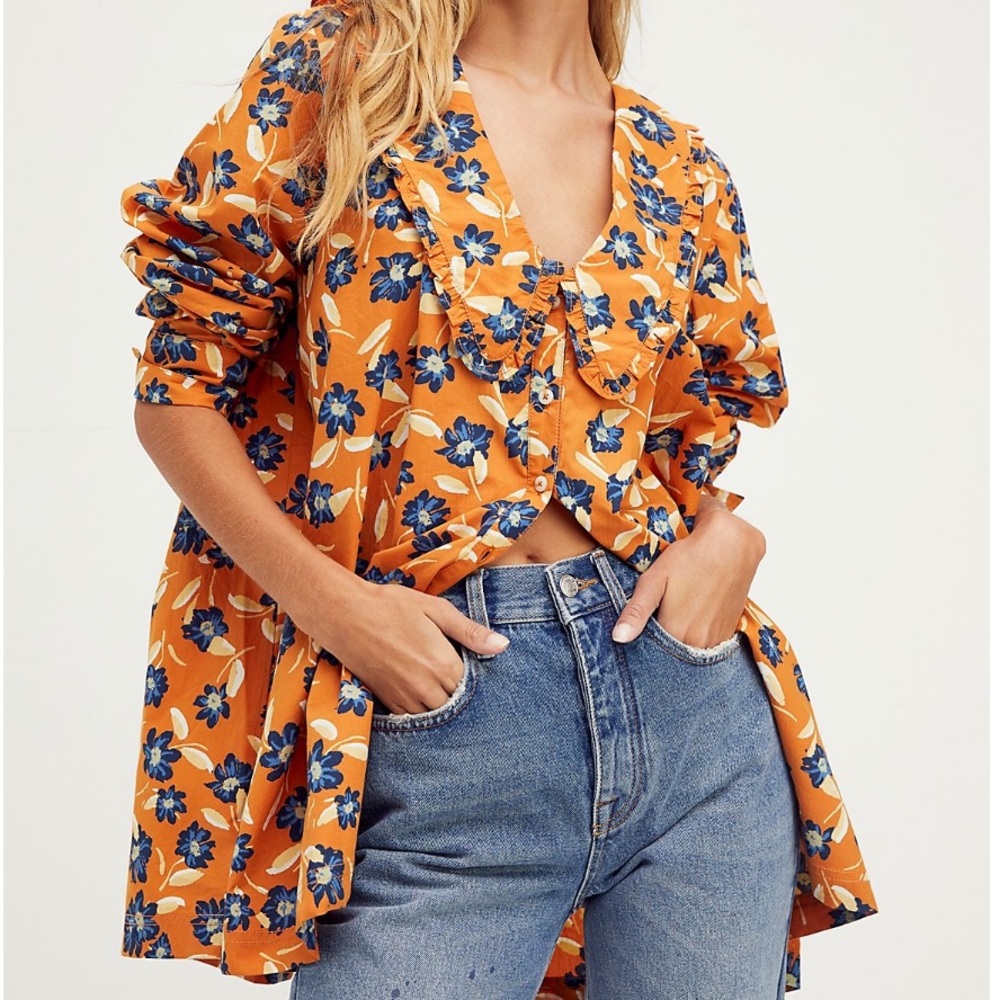 Free People Orange and Blue Floral Button Down Shirt